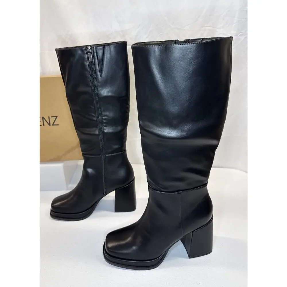 Cellenz Women Knee High Platform Boots Chunky Block Heel Square Toe Black Sz 6.5